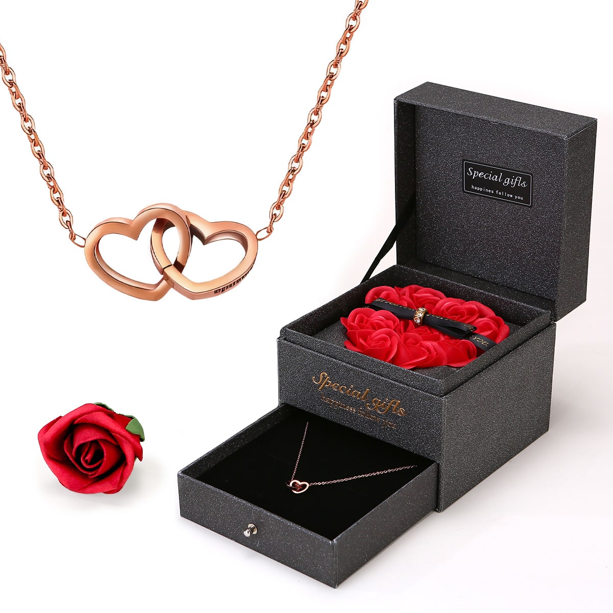 Ewige Herz-Rosenbox - Gravierte Halskette & echte Rosen