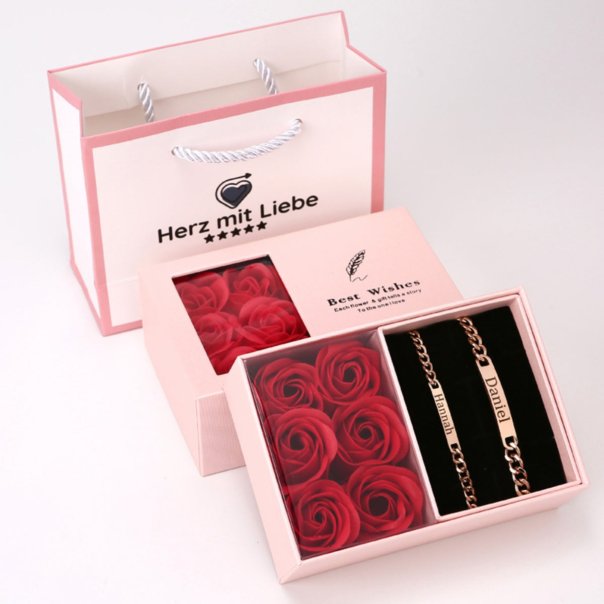 Ewige Rosenbox mit Gravur Armband Set für Paare