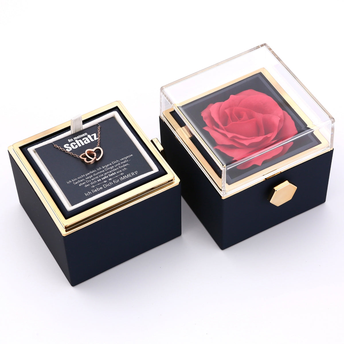 Ewige Rosenbox – mit gravierter Halskette, Liebesnotiz und echter Rose