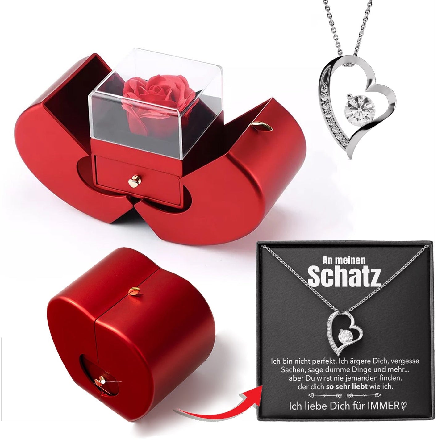 14k Weißgold Ausführung Herz Halskette - Mit echter Rose - An meinen Schatz