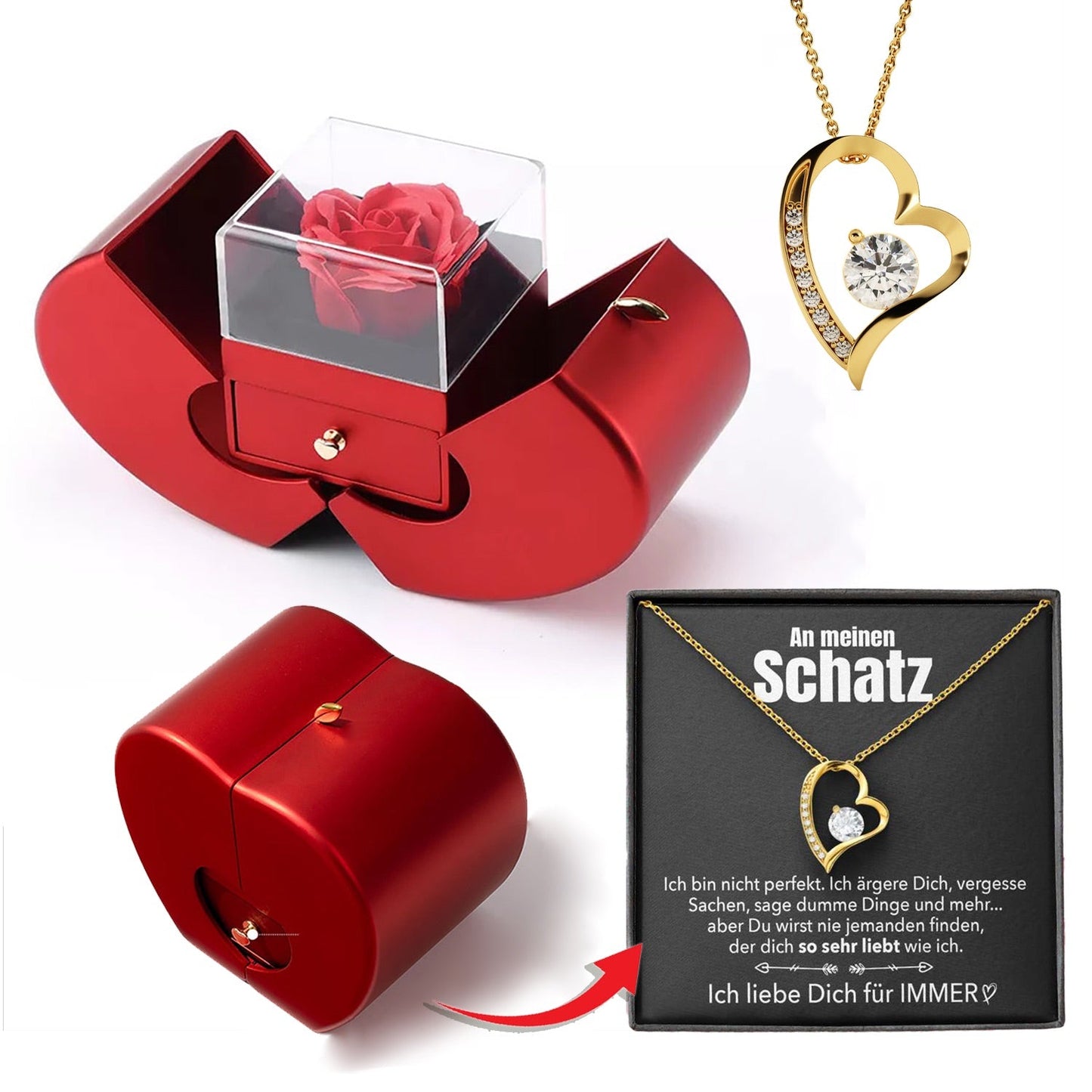 14k Weißgold Ausführung Herz Halskette - Mit echter Rose - An meinen Schatz