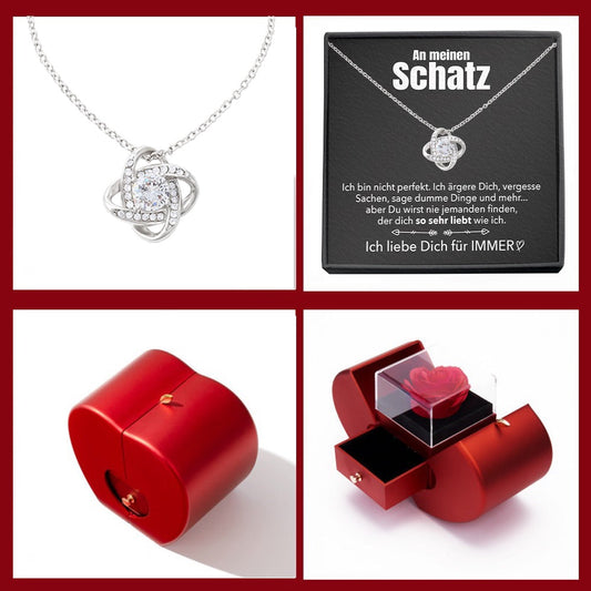 14k Weißgold Ausführung Liebesknoten Halskette - Mit echter Rose - An meinen Schatz