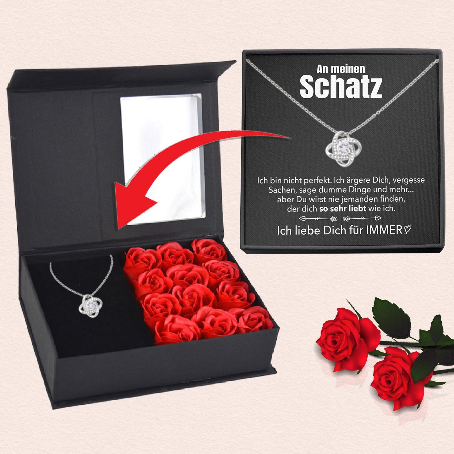 Rosenbox mit Notiz - Weißgold Ausführung Liebesknoten Halskette - An meinen Schatz