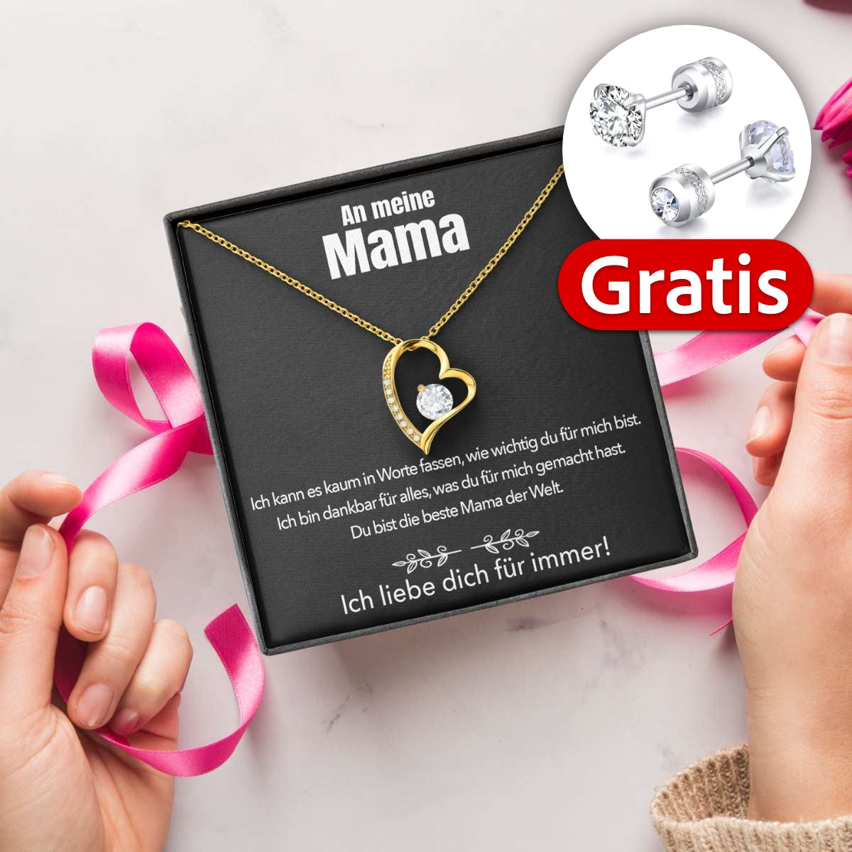 14k Weißgold Ausführung Halskette + GRATIS Ohrringe - An meine Mama - Ich liebe dich für immer