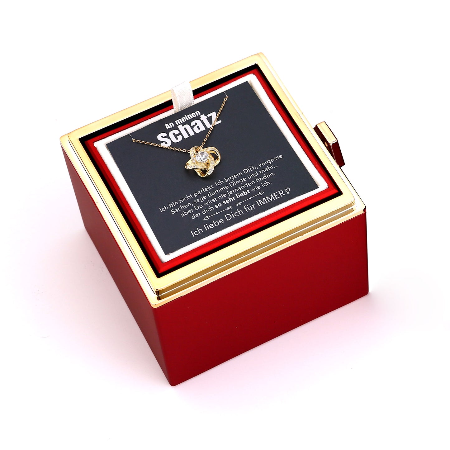 Ewige Rosenbox – mit Knoten-Halskette, Liebesnotiz und echter Rose