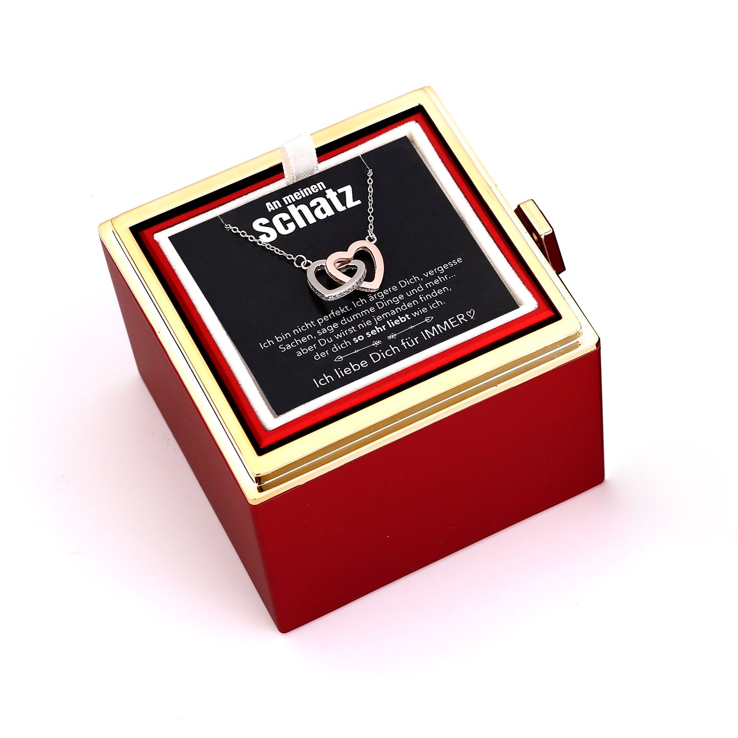 Ewige Rosenbox – mit Doppelherz Halskette, Liebesnotiz und echter Rose