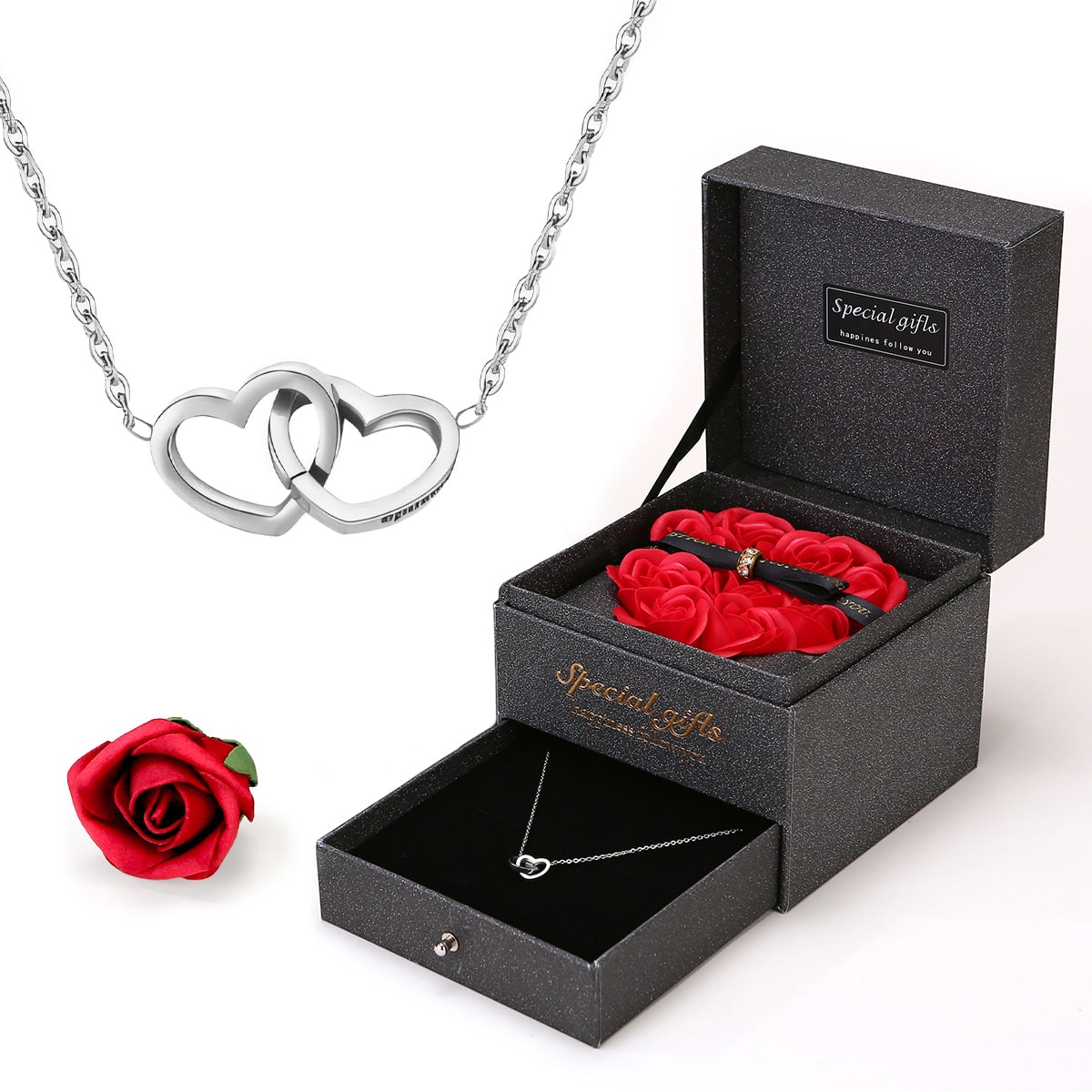 Ewige Herz-Rosenbox - Gravierte Halskette & echte Rosen