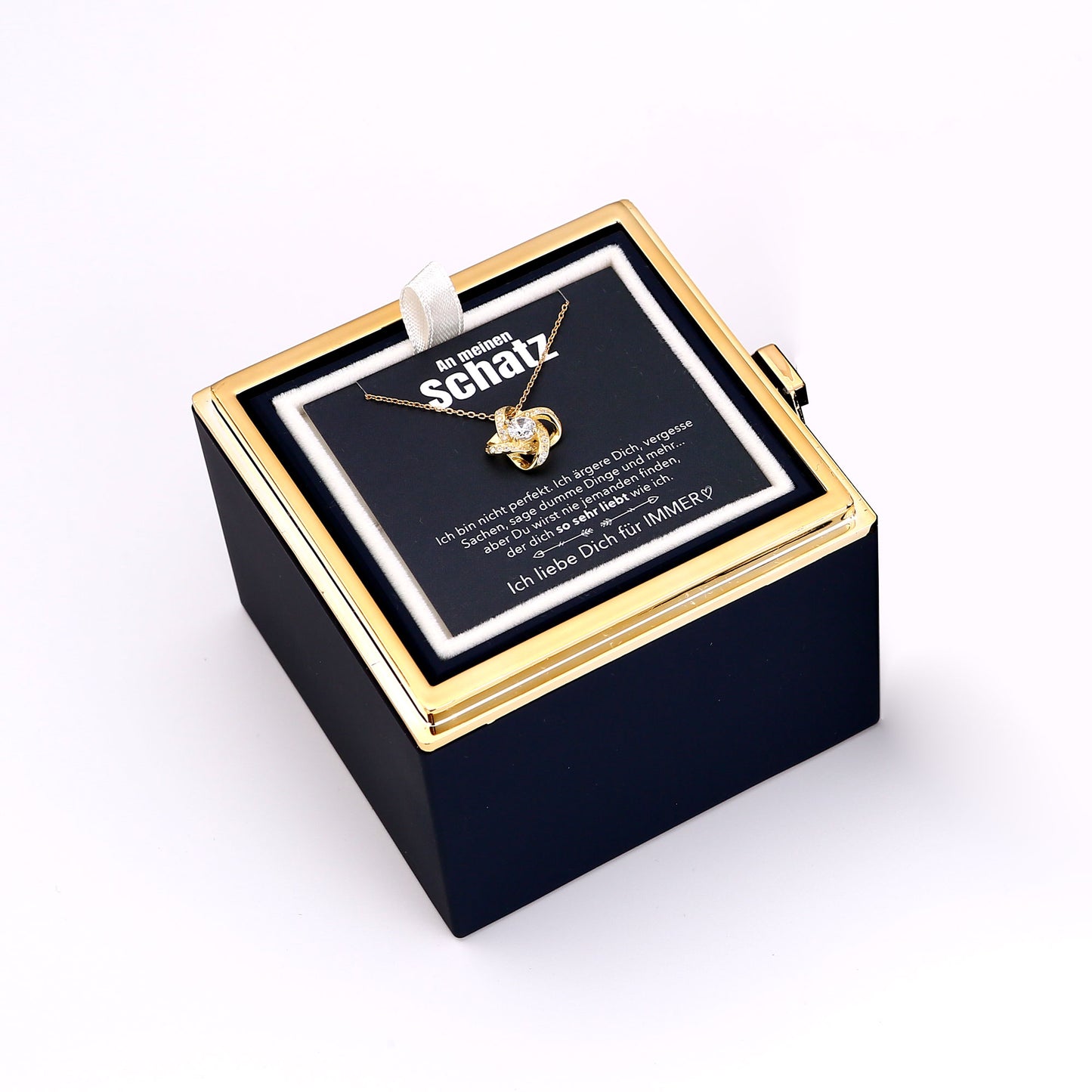 Ewige Rosenbox – mit Knoten-Halskette, Liebesnotiz und echter Rose