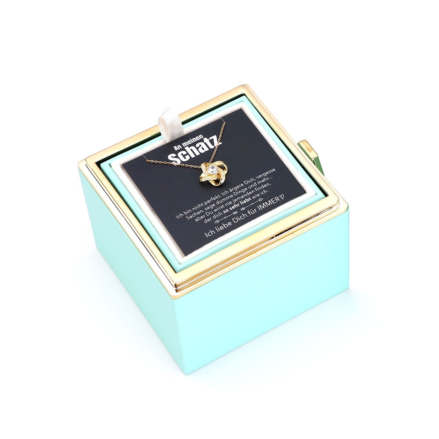 Ewige Rosenbox – mit Knoten-Halskette, Liebesnotiz und echter Rose