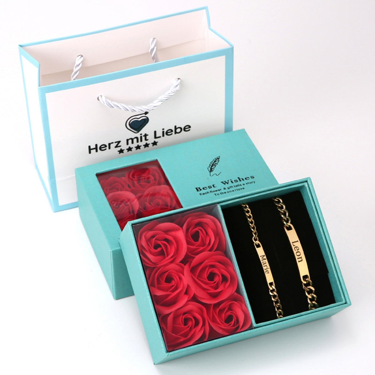 Ewige Rosenbox mit Gravur Armband Set für Paare