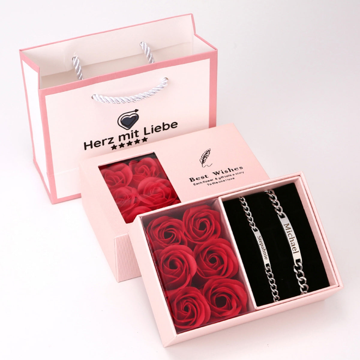 Ewige Rosenbox mit Gravur Armband Set für Paare