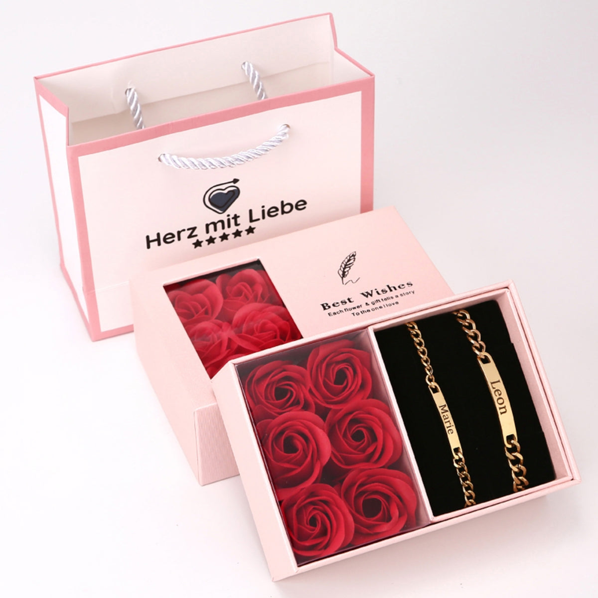 Ewige Rosenbox mit Gravur Armband Set für Paare