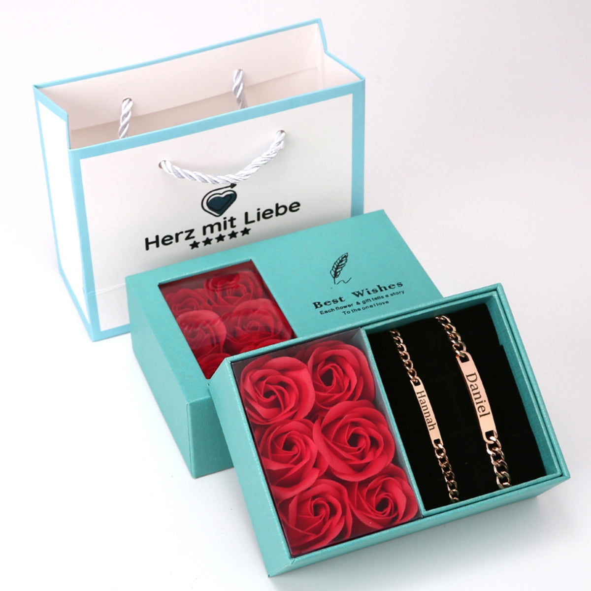 Ewige Rosenbox mit Gravur Armband Set für Paare