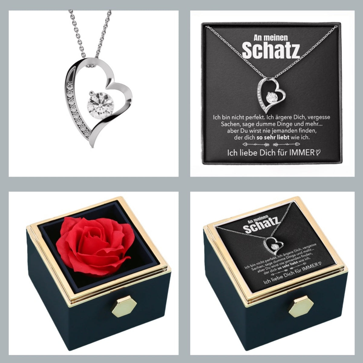 Ewige Rosenbox – mit Herz-Halskette, Liebesnotiz und echter Rose