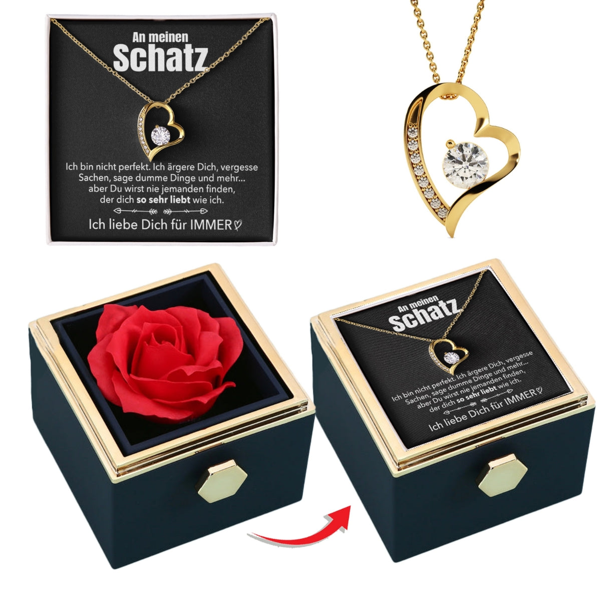 Ewige Rosenbox – mit Herz-Halskette, Liebesnotiz und echter Rose