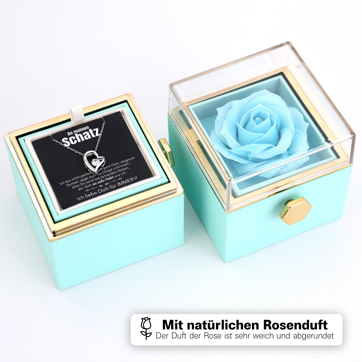 Ewige Rosenbox – mit Herz-Halskette, Liebesnotiz und echter Rose