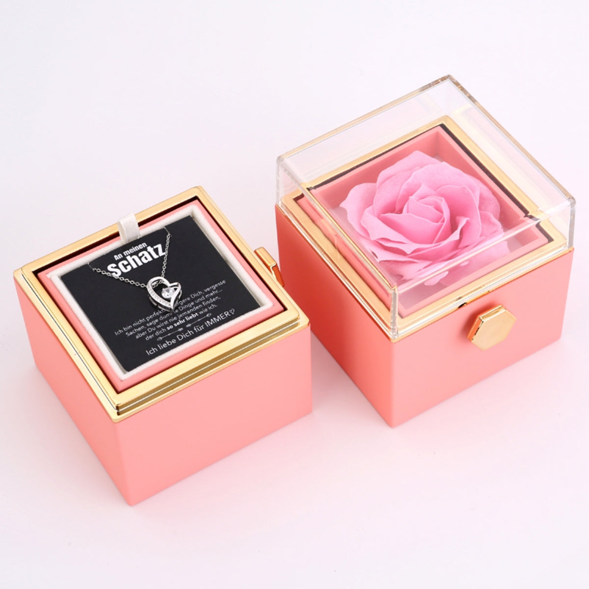 Ewige Rosenbox – mit Herz-Halskette, Liebesnotiz und echter Rose
