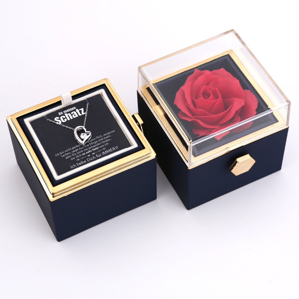 Ewige Rosenbox – mit Herz-Halskette, Liebesnotiz und echter Rose