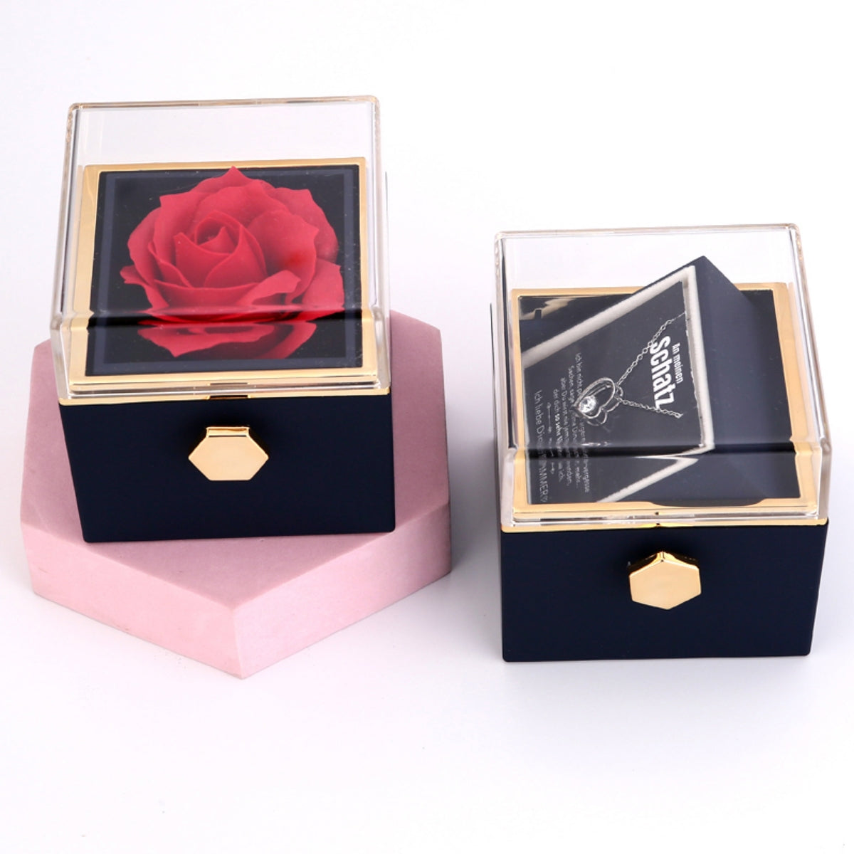 Ewige Rosenbox – mit Herz-Halskette, Liebesnotiz und echter Rose