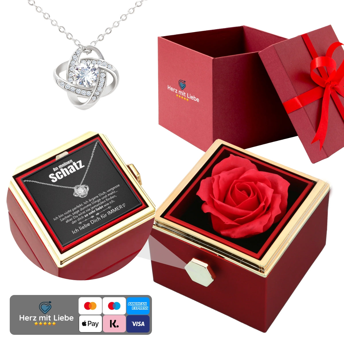 Ewige Rosenbox – mit Knoten-Halskette, Liebesnotiz und echter Rose