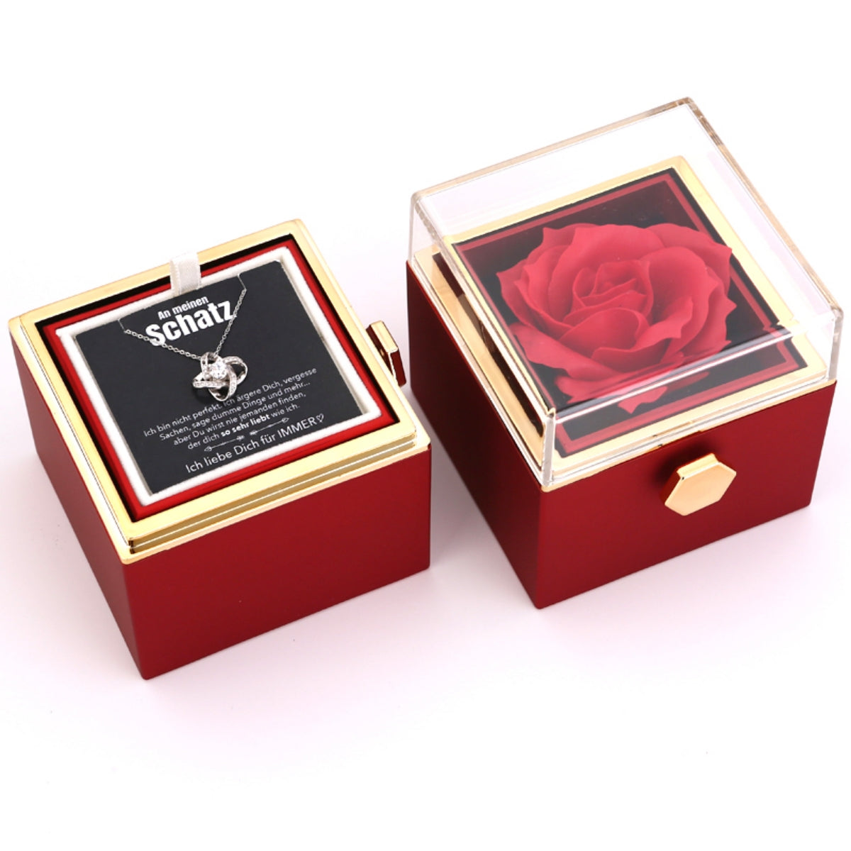 Ewige Rosenbox – mit Knoten-Halskette, Liebesnotiz und echter Rose
