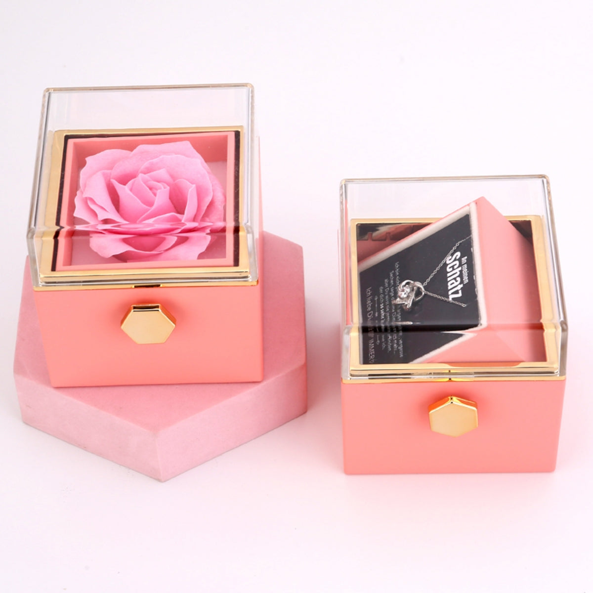 Ewige Rosenbox – mit Knoten-Halskette, Liebesnotiz und echter Rose