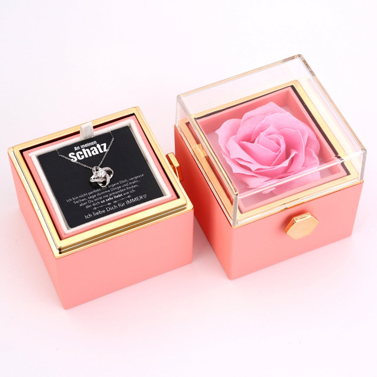 Ewige Rosenbox – mit Knoten-Halskette, Liebesnotiz und echter Rose