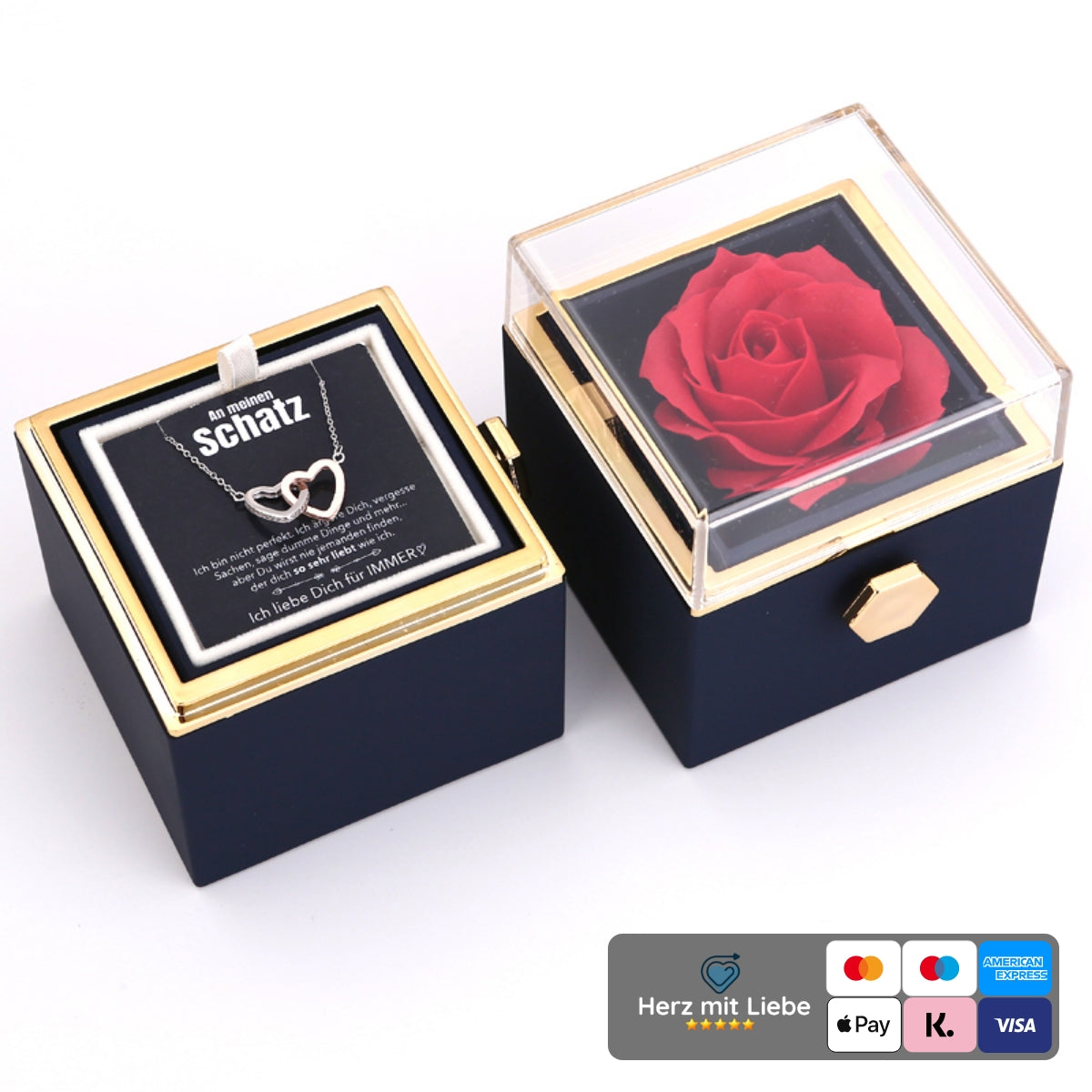 Ewige Rosenbox – mit Doppelherz Halskette, Liebesnotiz und echter Rose