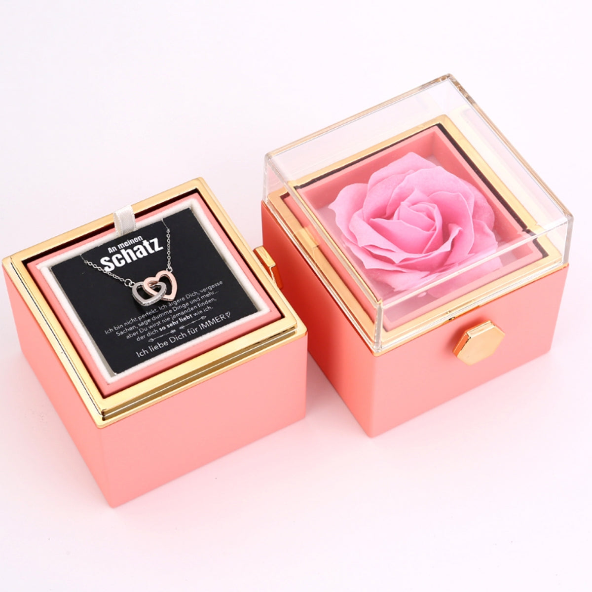 Ewige Rosenbox – mit Doppelherz Halskette, Liebesnotiz und echter Rose