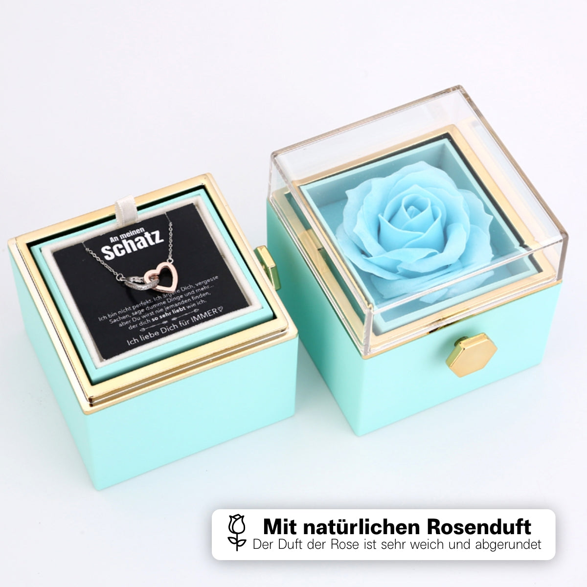 Ewige Rosenbox – mit Doppelherz Halskette, Liebesnotiz und echter Rose