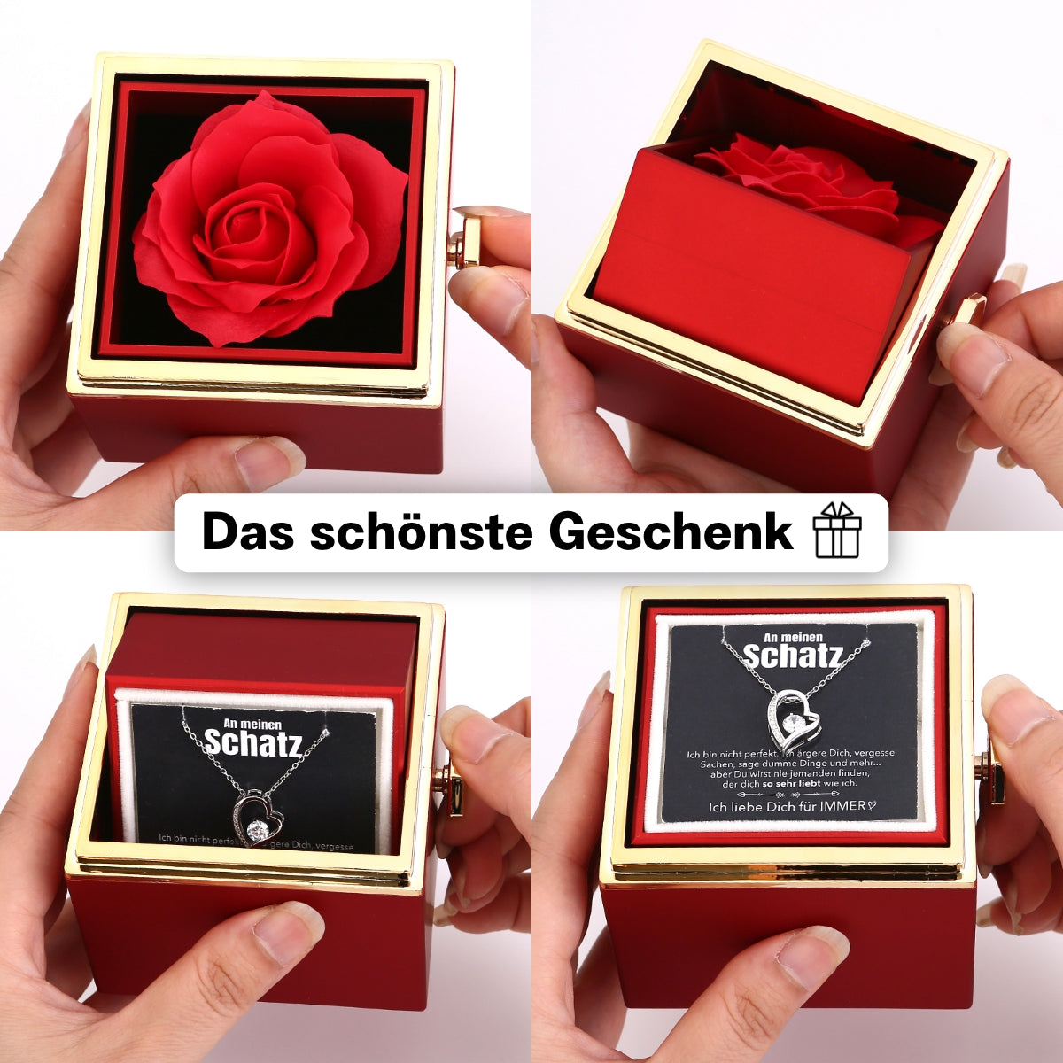 Ewige Rosenbox – mit Herz-Halskette, Liebesnotiz und echter Rose
