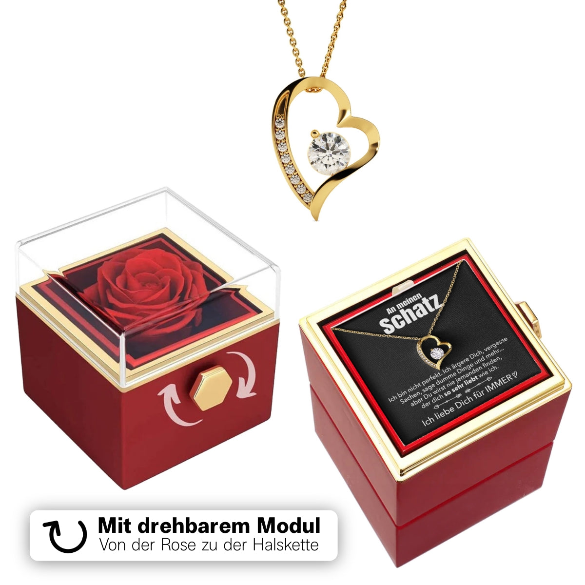 Ewige Rosenbox – mit Herz-Halskette, Liebesnotiz und echter Rose