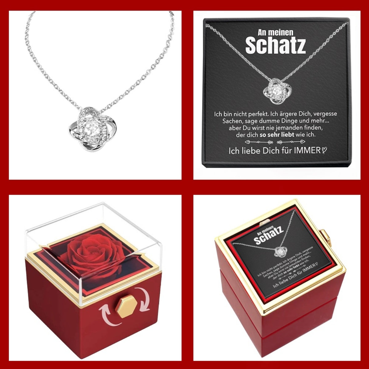 Ewige Rosenbox – mit Knoten-Halskette, Liebesnotiz und echter Rose