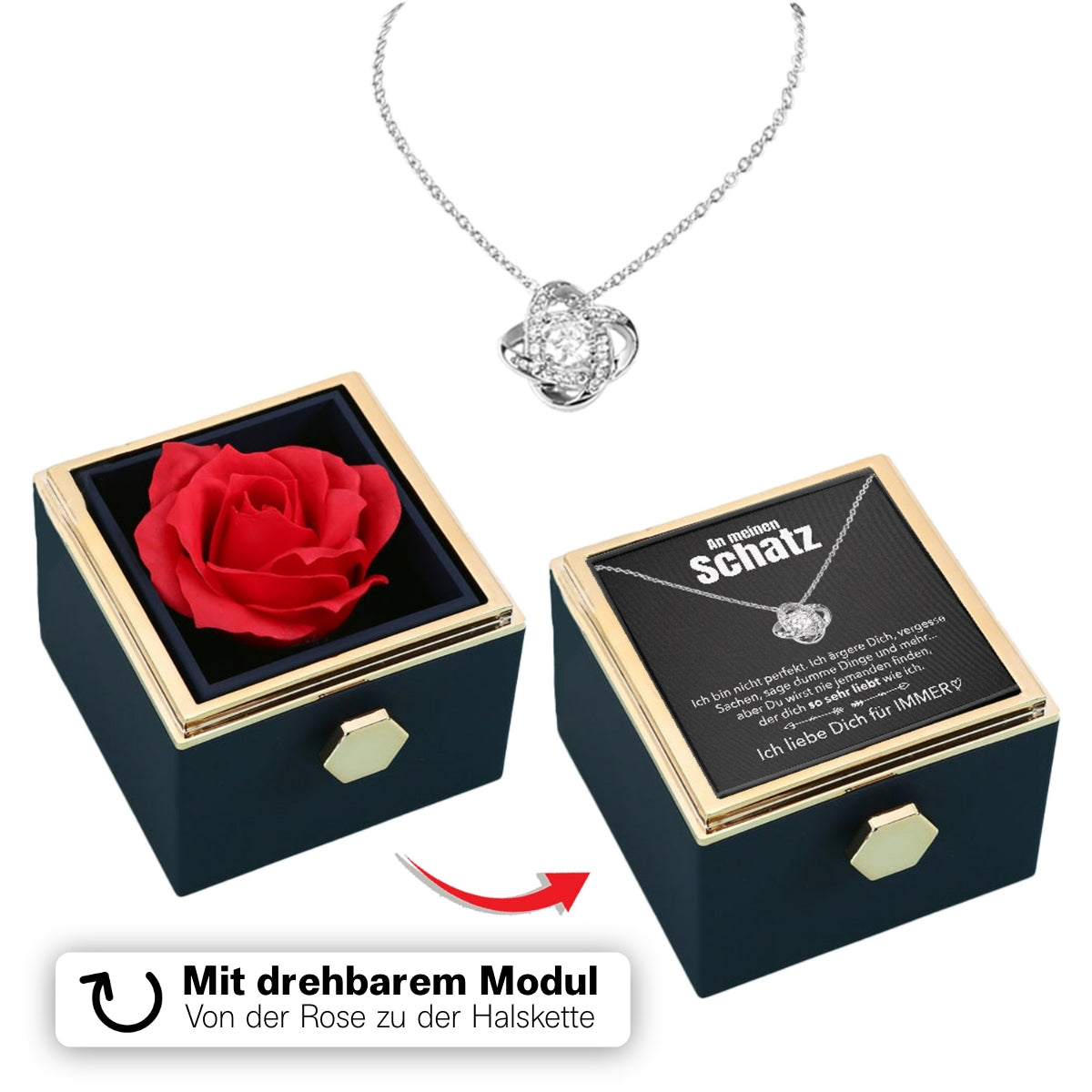 Ewige Rosenbox – mit Knoten-Halskette, Liebesnotiz und echter Rose
