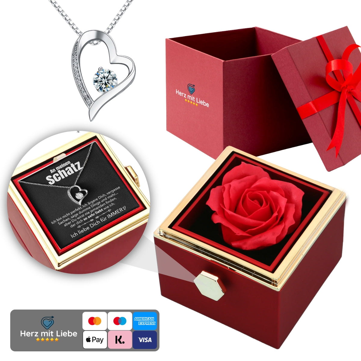 Ewige Rosenbox – mit Herz-Halskette, Liebesnotiz und echter Rose