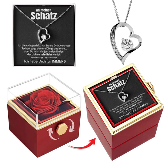 Ewige Rosenbox – mit Herz-Halskette, Liebesnotiz und echter Rose