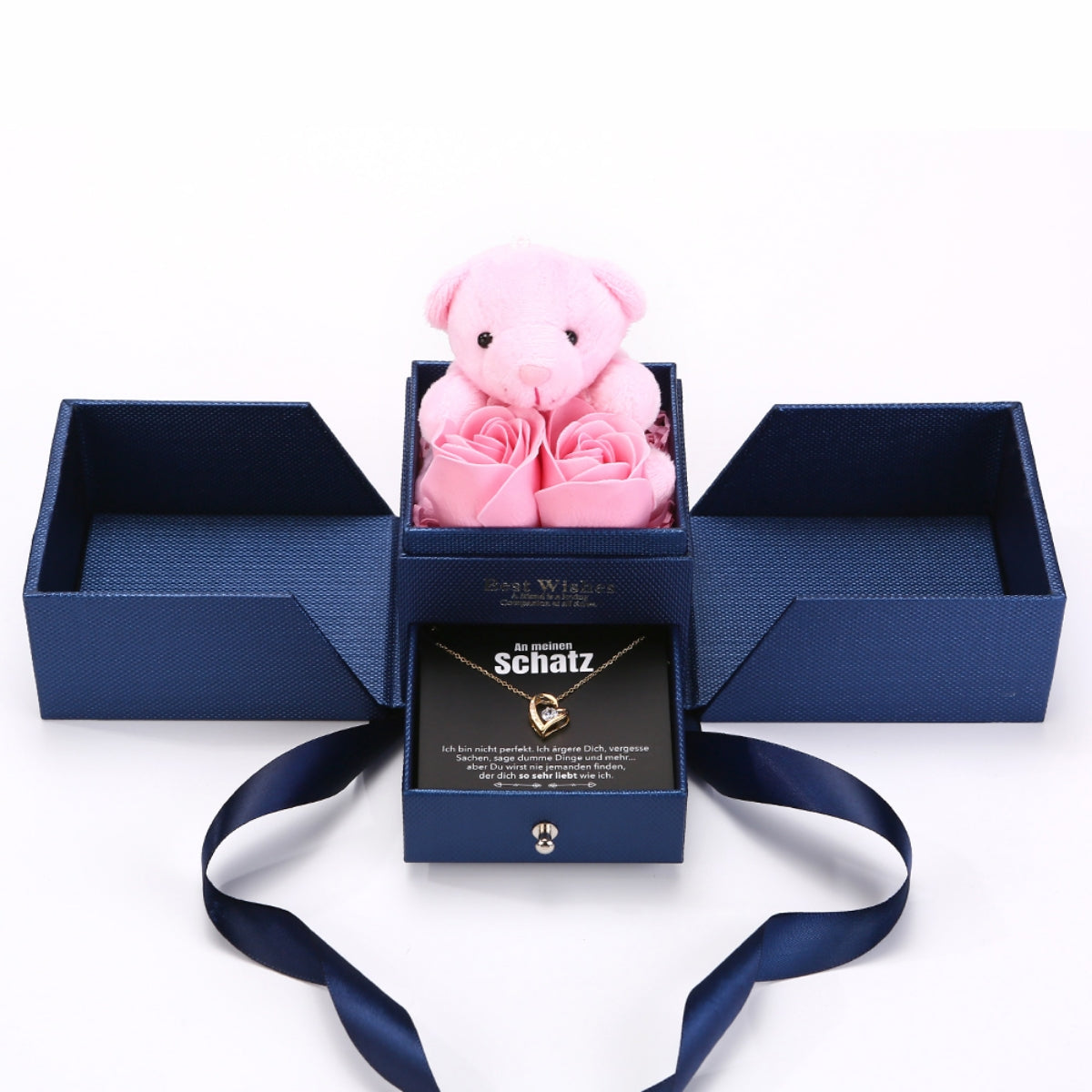 Rosenbär Box - 14k Weißgold Ausführung Herz Halskette - An meinen Schatz