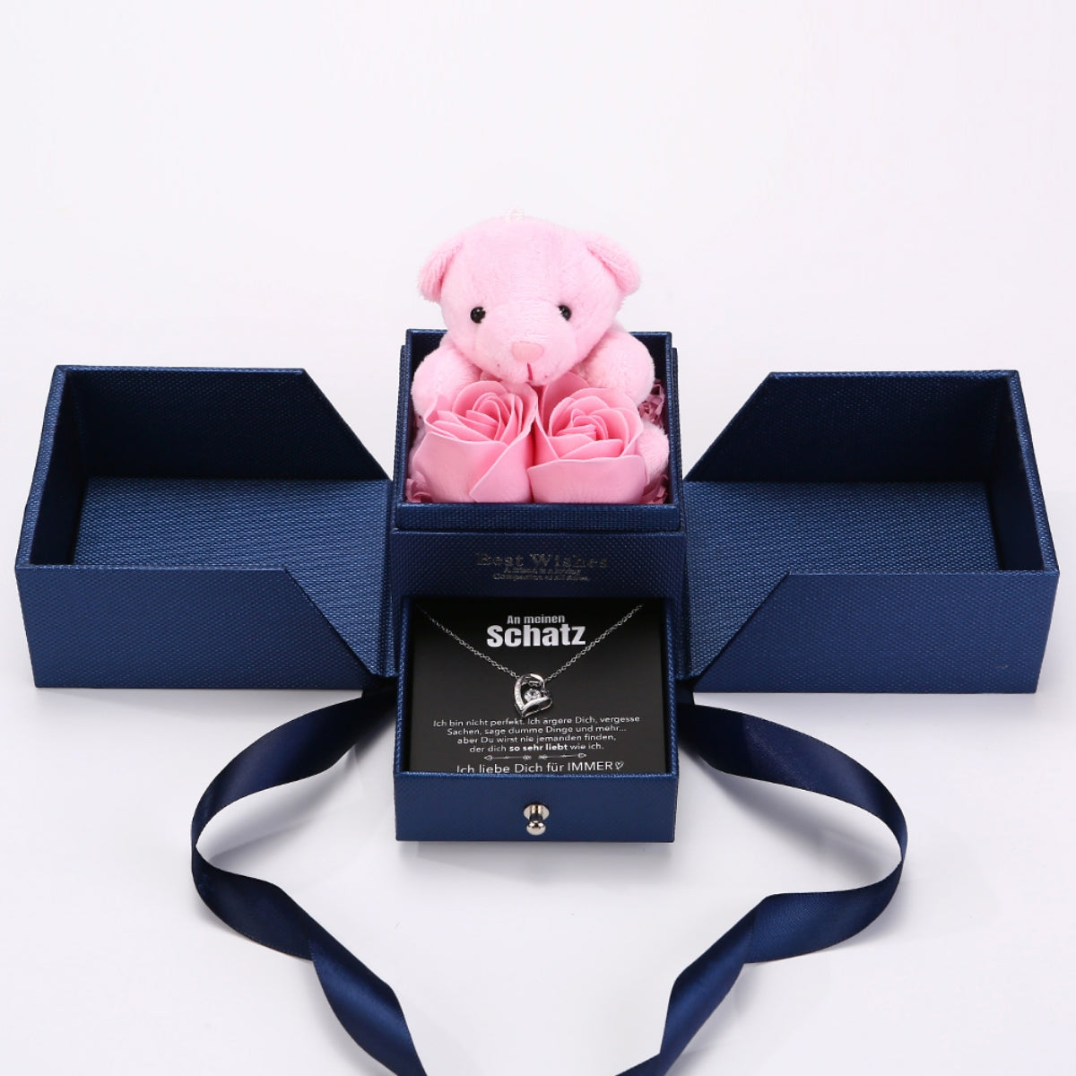 Rosenbär Box - 14k Weißgold Ausführung Herz Halskette - An meinen Schatz