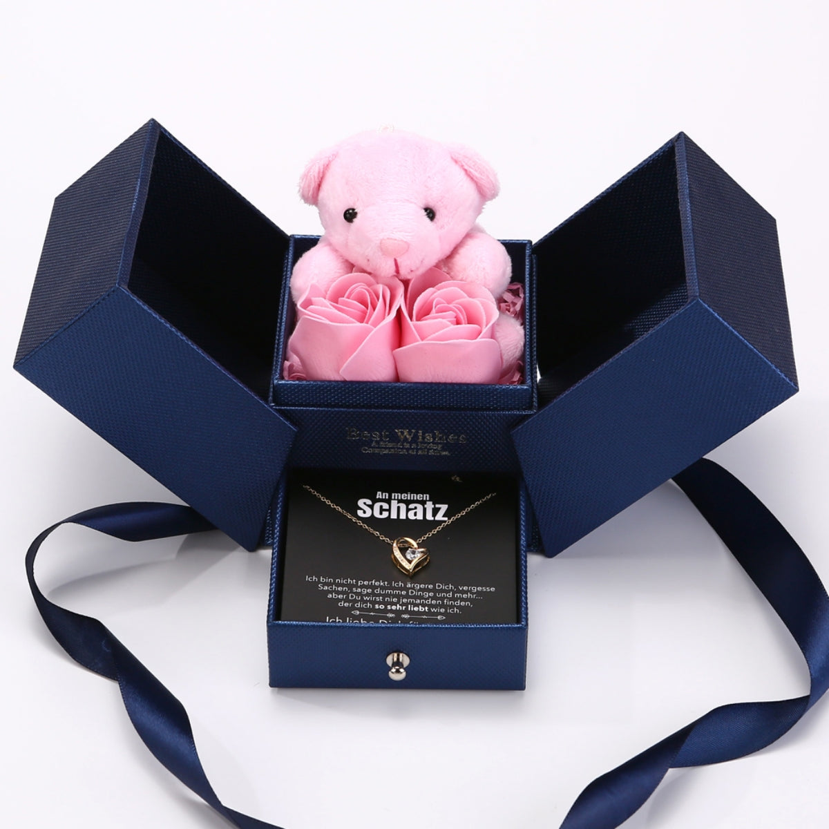 Rosenbär Box - 14k Weißgold Ausführung Herz Halskette - An meinen Schatz