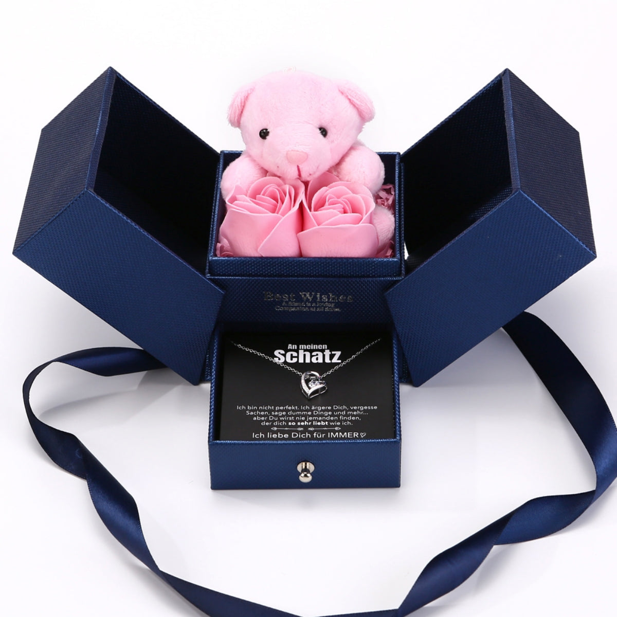 Rosenbär Box - 14k Weißgold Ausführung Herz Halskette - An meinen Schatz