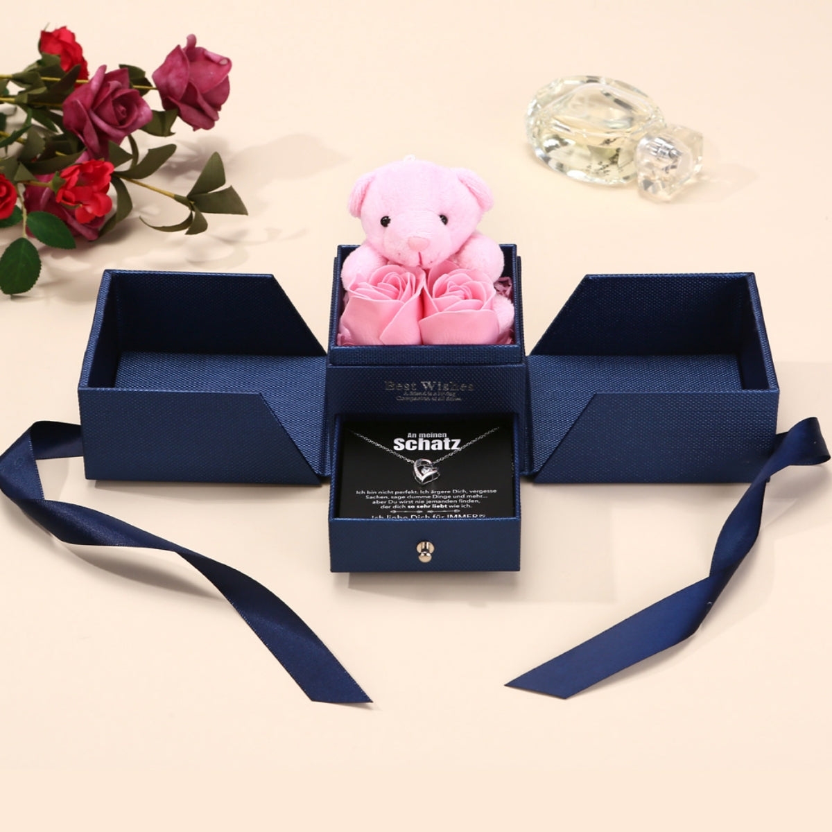 Rosenbär Box - 14k Weißgold Ausführung Herz Halskette - An meinen Schatz