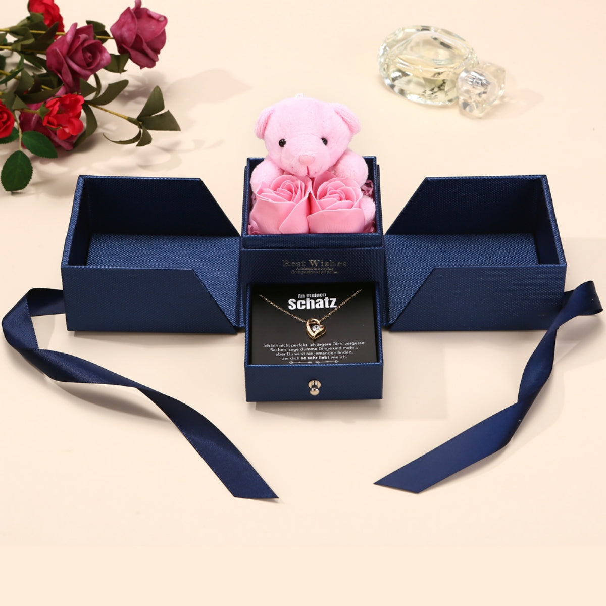 Rosenbär Box - 14k Weißgold Ausführung Herz Halskette - An meinen Schatz