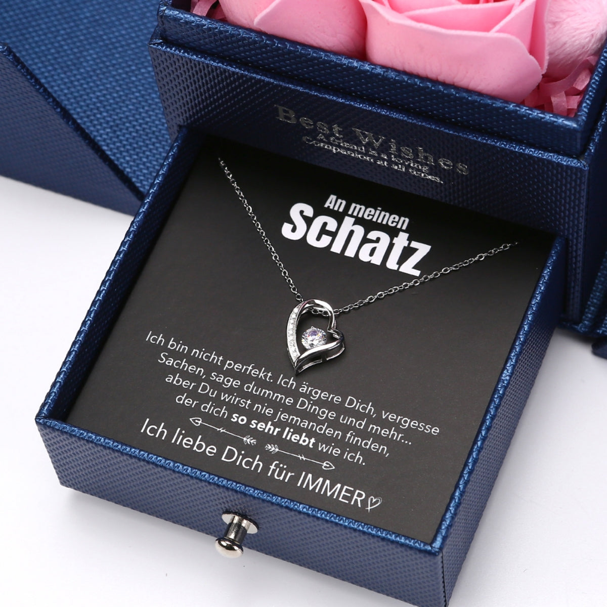 Rosenbär Box - 14k Weißgold Ausführung Herz Halskette - An meinen Schatz