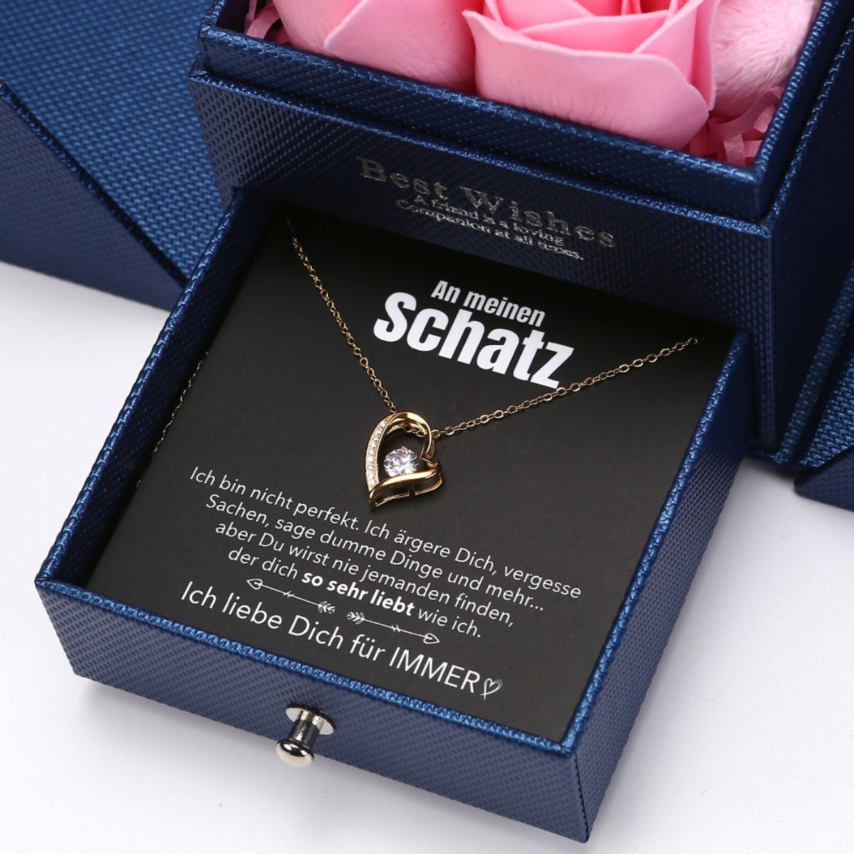 Rosenbär Box - 14k Weißgold Ausführung Herz Halskette - An meinen Schatz