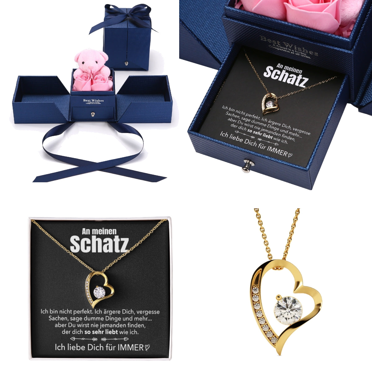 Rosenbär Box - 14k Weißgold Ausführung Herz Halskette - An meinen Schatz