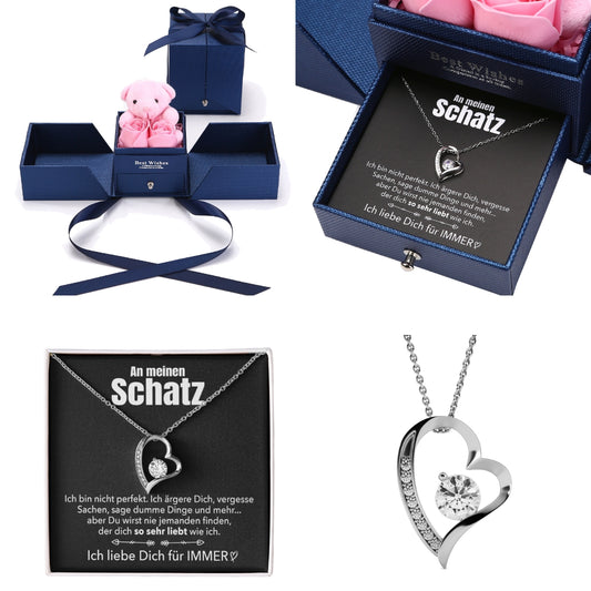 Rosenbär Box - 14k Weißgold Ausführung Herz Halskette - An meinen Schatz