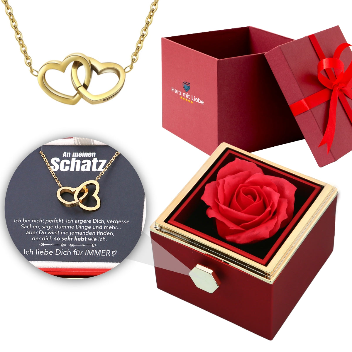 Ewige Rosenbox – mit gravierter Halskette, Liebesnotiz und echter Rose