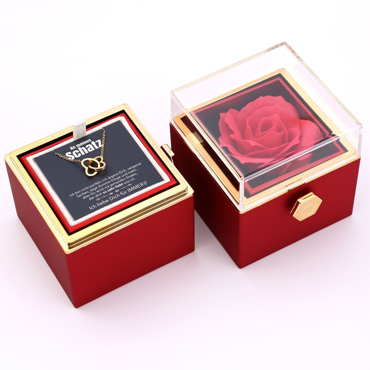 Ewige Rosenbox – mit gravierter Halskette, Liebesnotiz und echter Rose