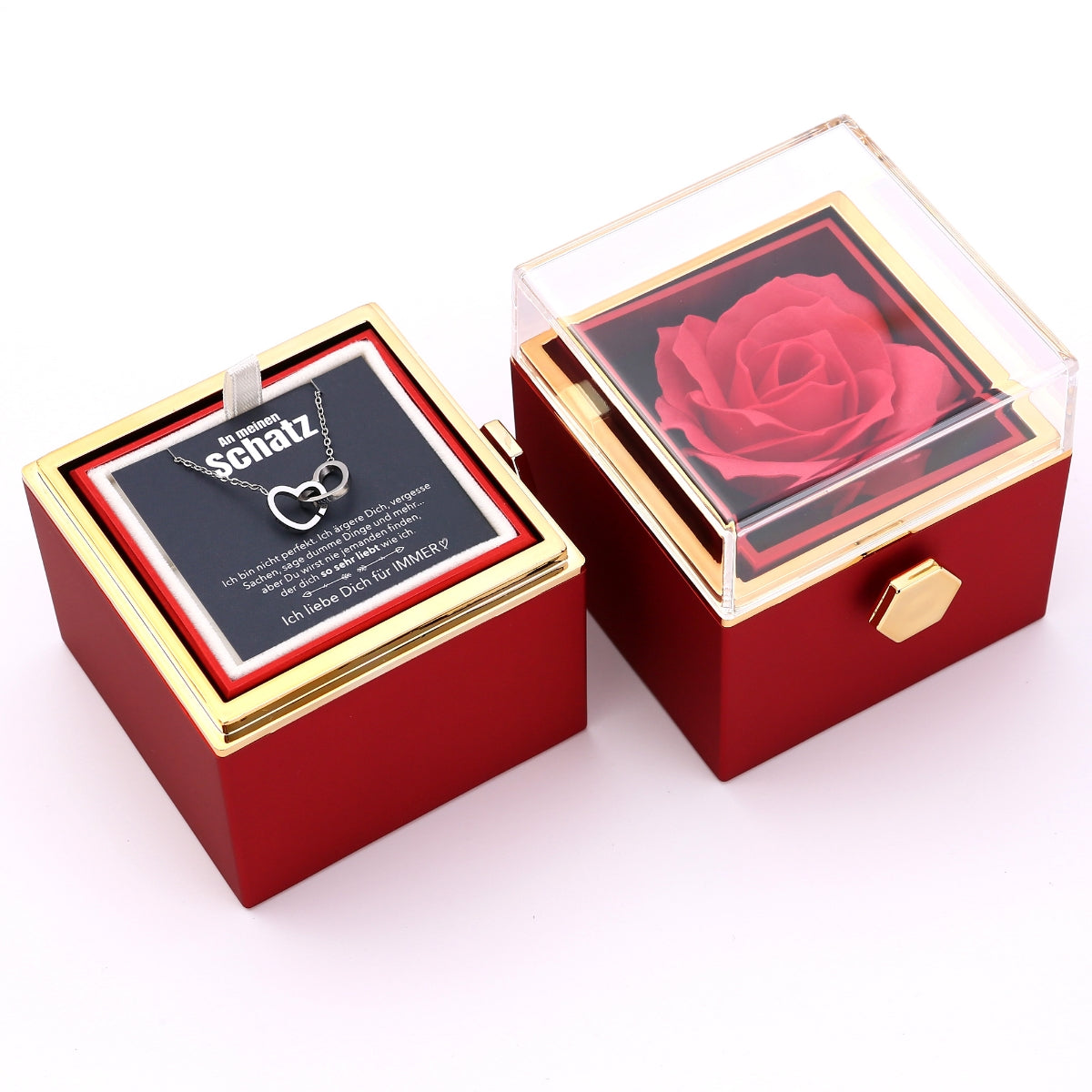 Ewige Rosenbox – mit gravierter Halskette, Liebesnotiz und echter Rose