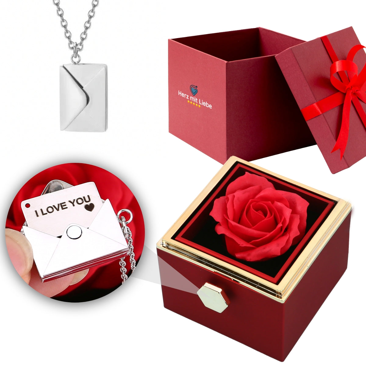 Ewige Rosenbox – Halskette mit geheimer Nachricht und echter Rose